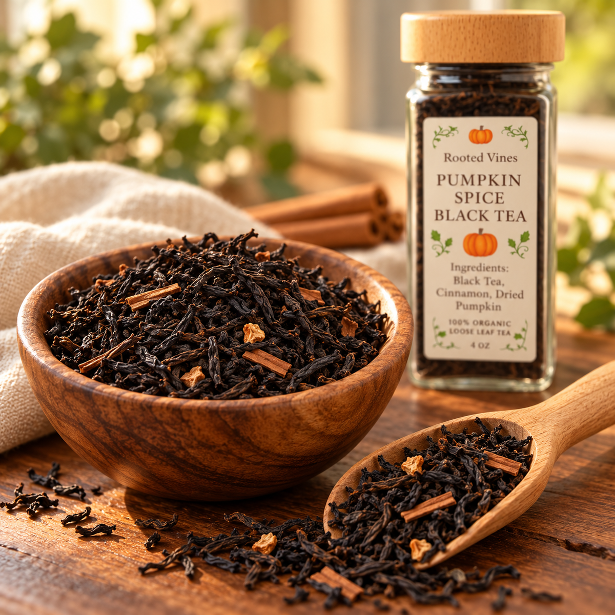 Pumpkin Spice Black Tea blend close-up with dark tea leaves, cinnamon, and subtle dried pumpkin