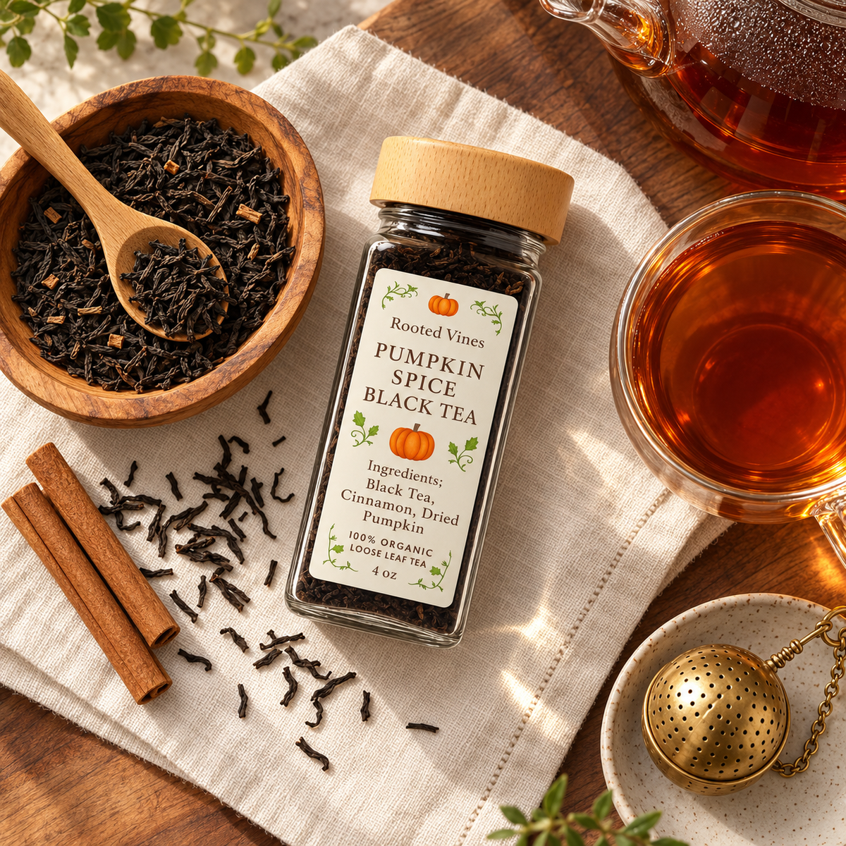 Pumpkin Spice Black Tea sampler overhead flat lay