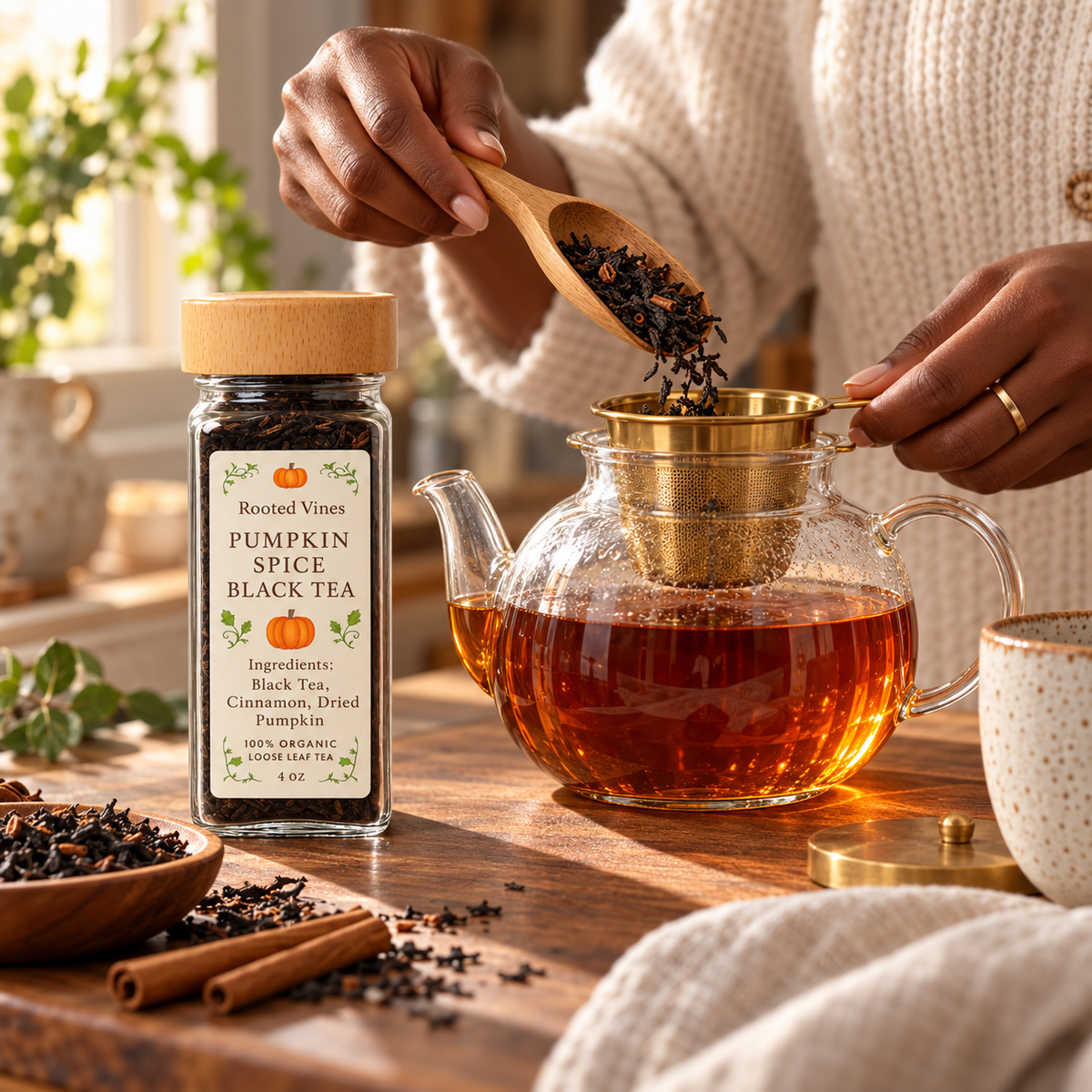 Measuring Pumpkin Spice Black Tea into a glass teapot