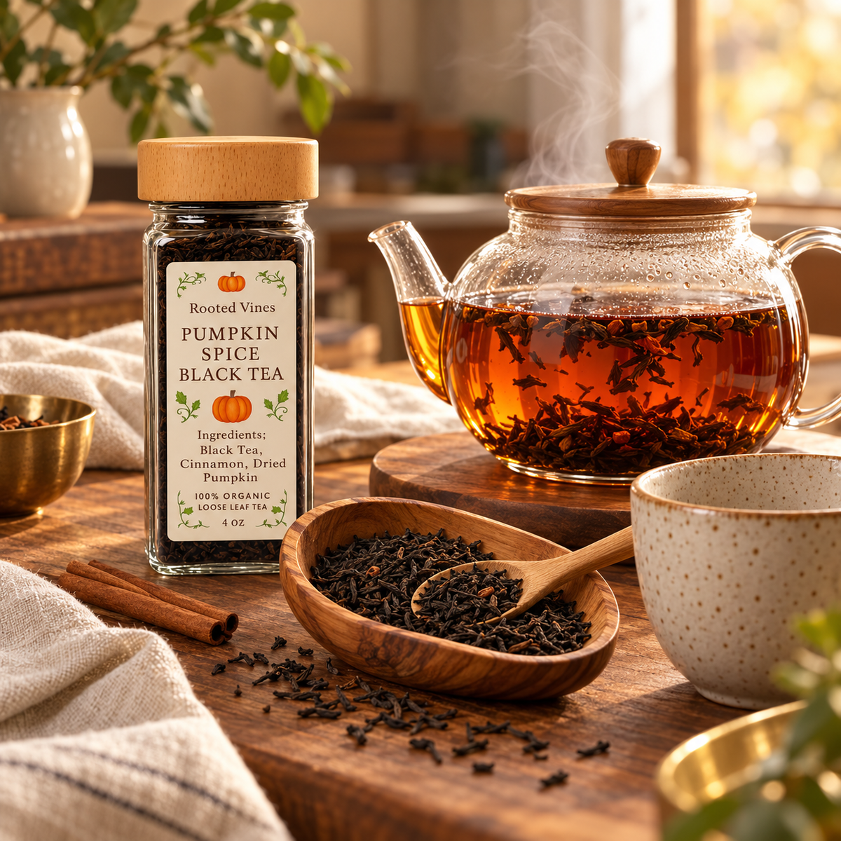 Pumpkin Spice Black Tea steeping to a copper-amber infusion