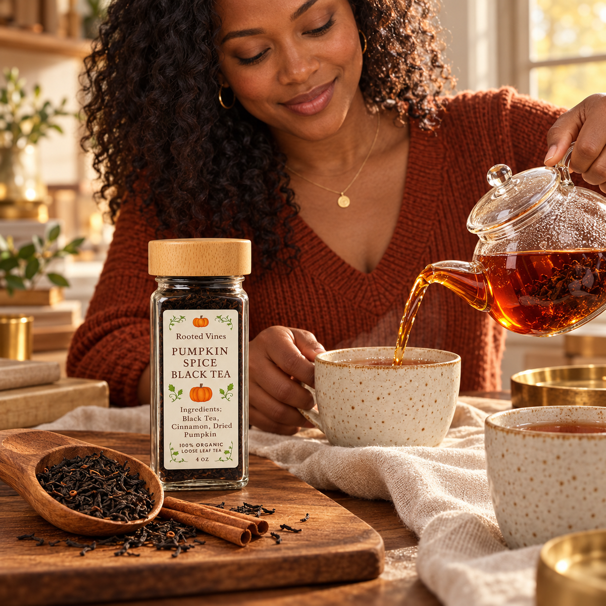 Woman pouring Pumpkin Spice Black Tea into a ceramic cup