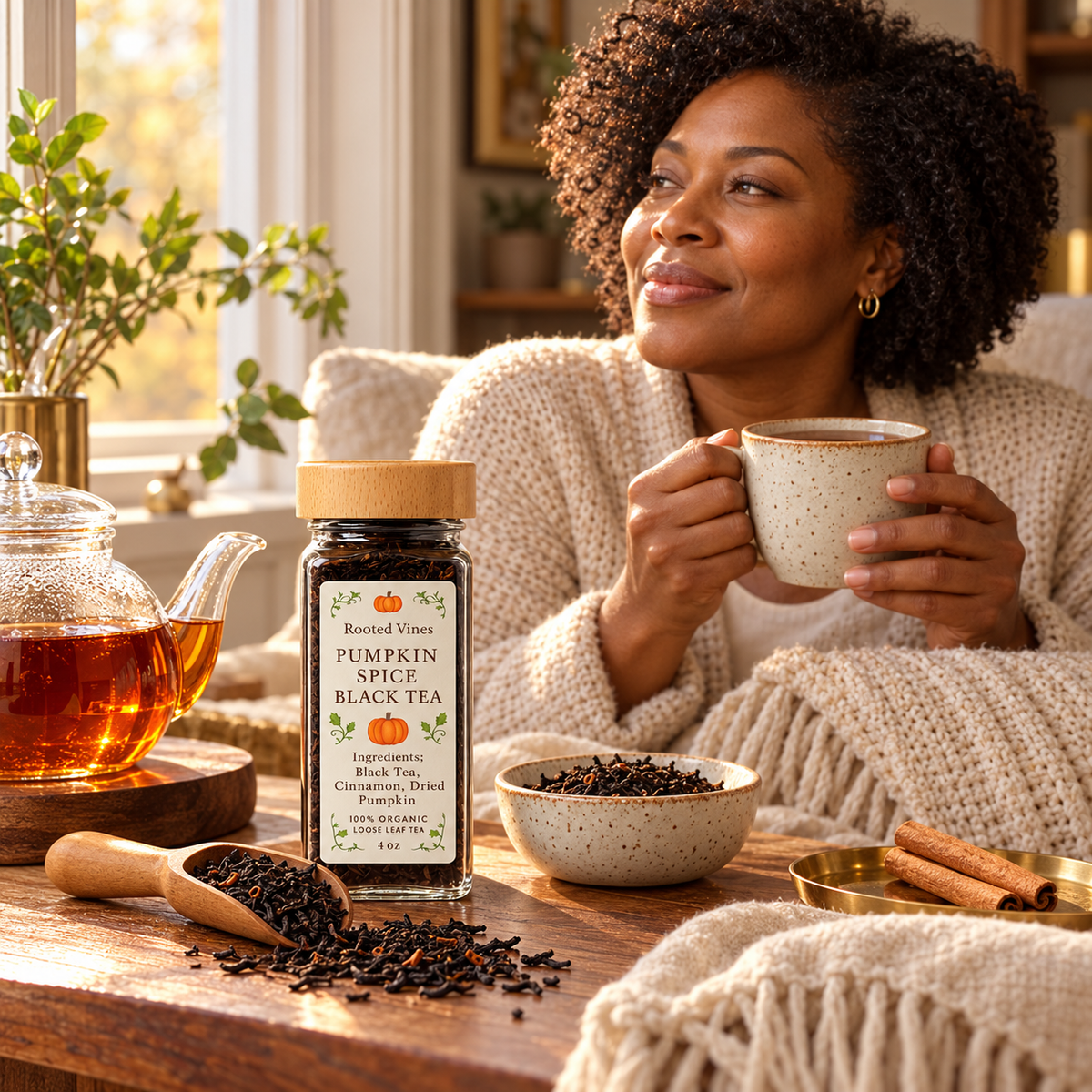 Woman enjoying Pumpkin Spice Black Tea in a warm seasonal ritual