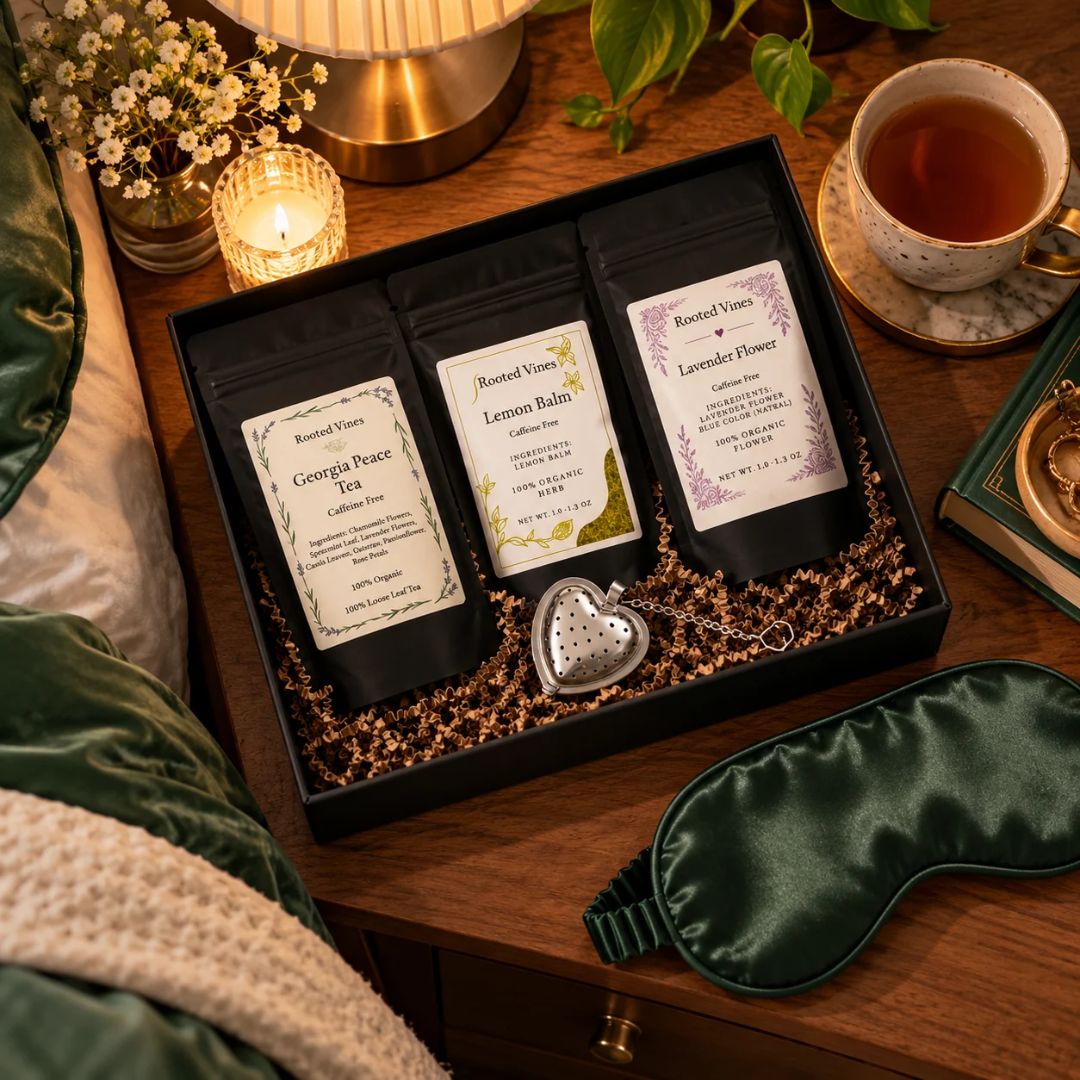 A gift set of three Rooi Vlei tea and bath products in a black box, styled on a wooden nightstand with a green satin sleep mask, a cup of tea, candles, and flowers.