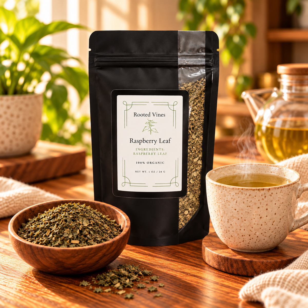 Raspberry Leaf Herbal Tea pouch with dried raspberry leaf and a warm cup of tea