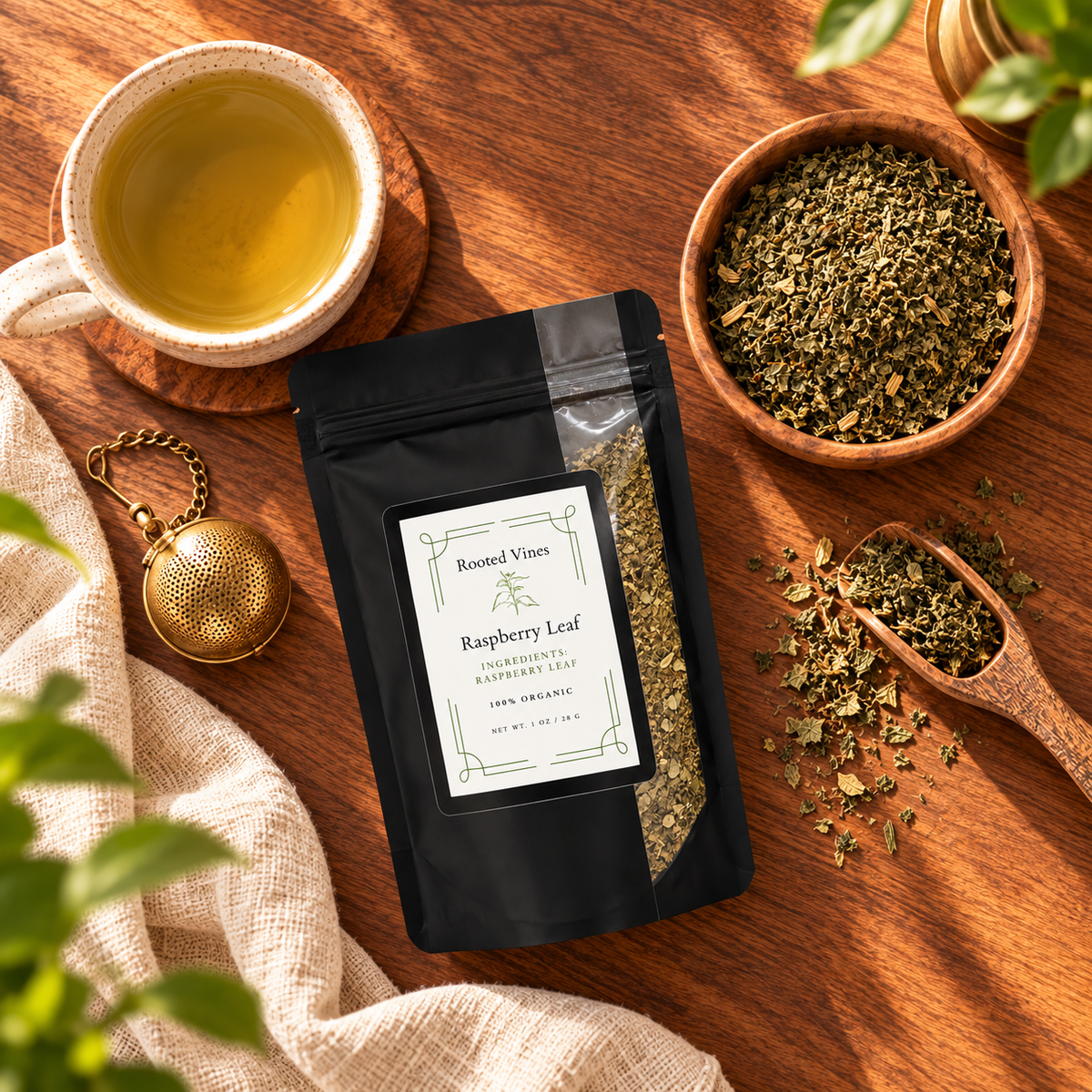 Overhead Raspberry Leaf Herbal Tea ritual with pouch, cup, leaves, and infuser