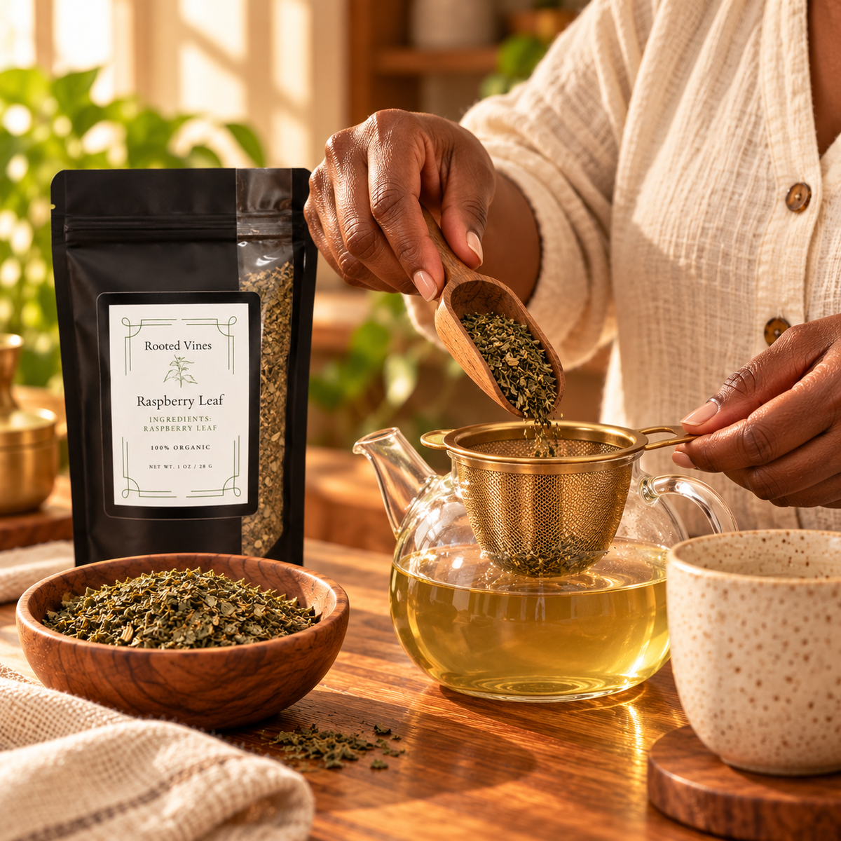 Measuring dried raspberry leaf into a brass tea infuser