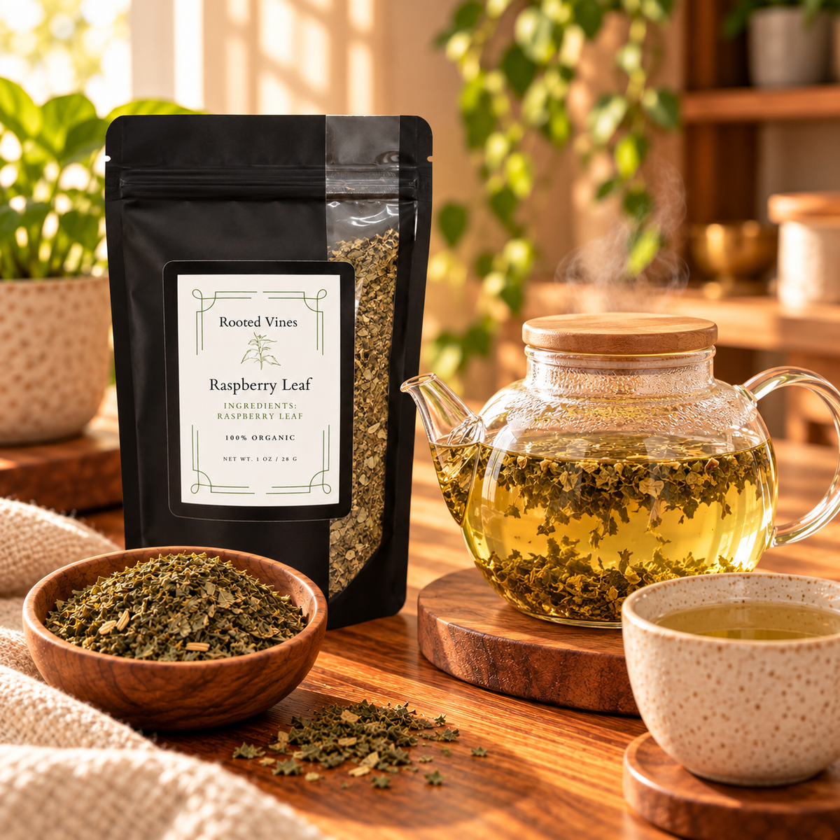 Raspberry Leaf Herbal Tea steeping to a light herbaceous infusion