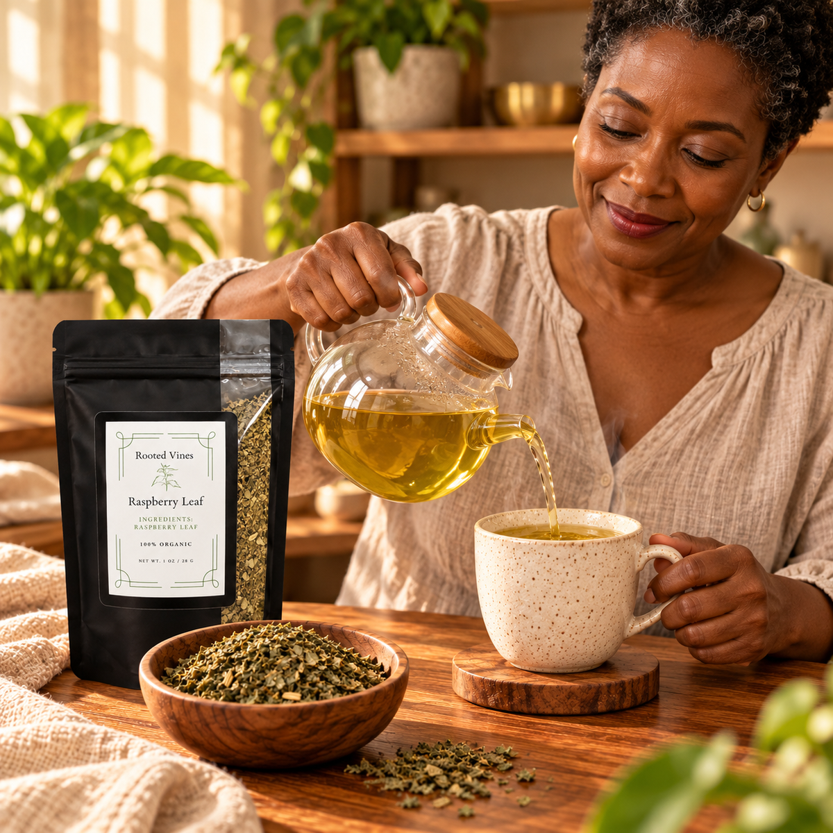 Woman pouring Raspberry Leaf Herbal Tea in a warm home setting