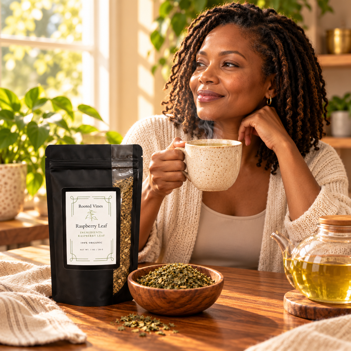 Woman enjoying a balanced Raspberry Leaf Herbal Tea ritual