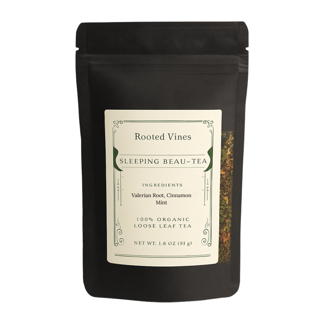 Black tea package with 'Rooted Vines' label on a white background