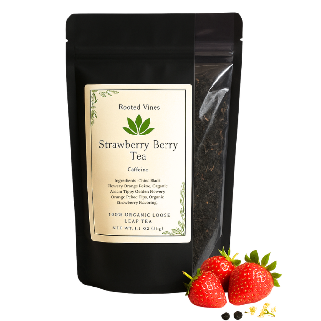 Black package of Rooted Vines Strawberry Berry Tea with strawberries on a white background