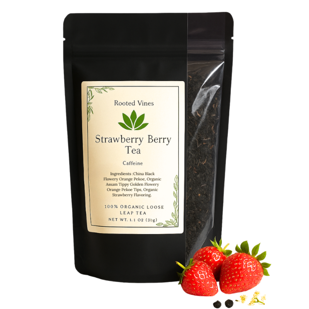 Black package of Rooted Vines Strawberry Berry Tea with strawberries on a white background