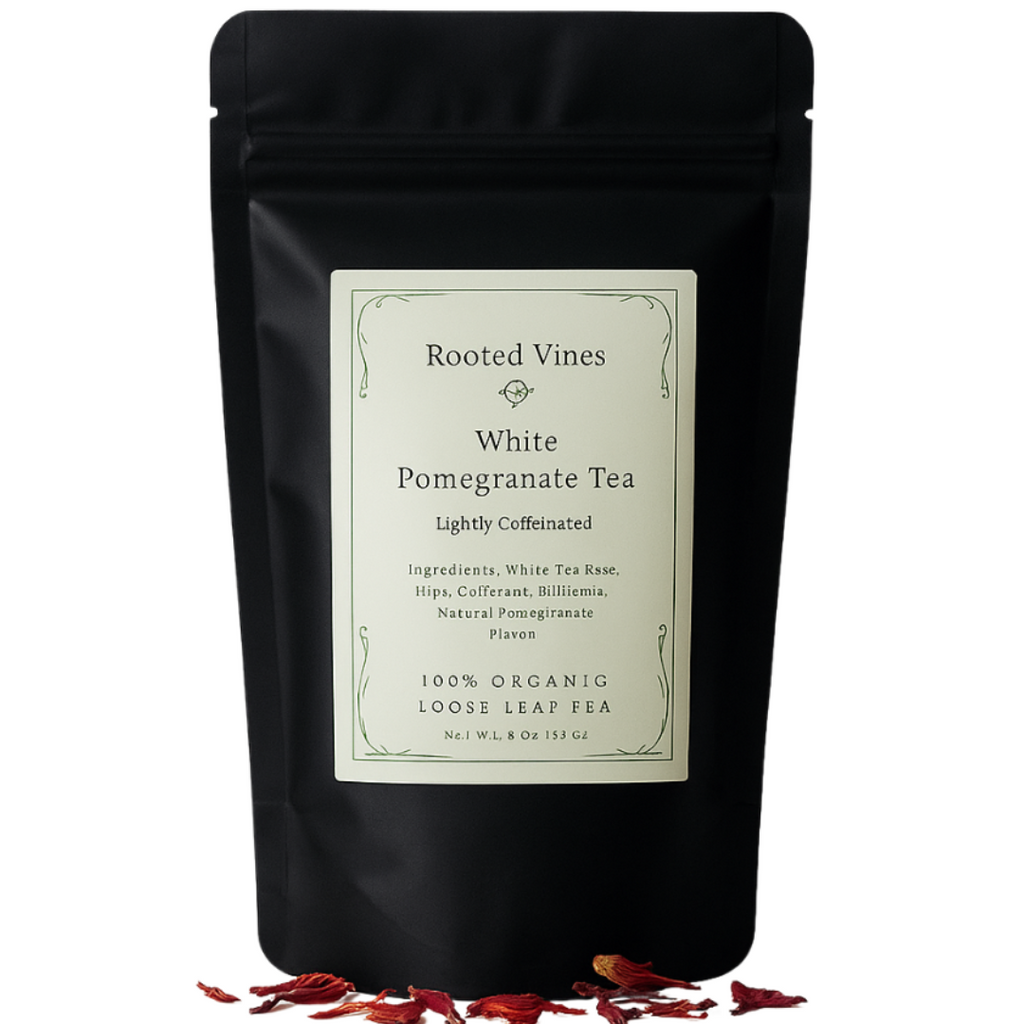 Black tea bag packaging with 'Rooted Vines' label on a white background