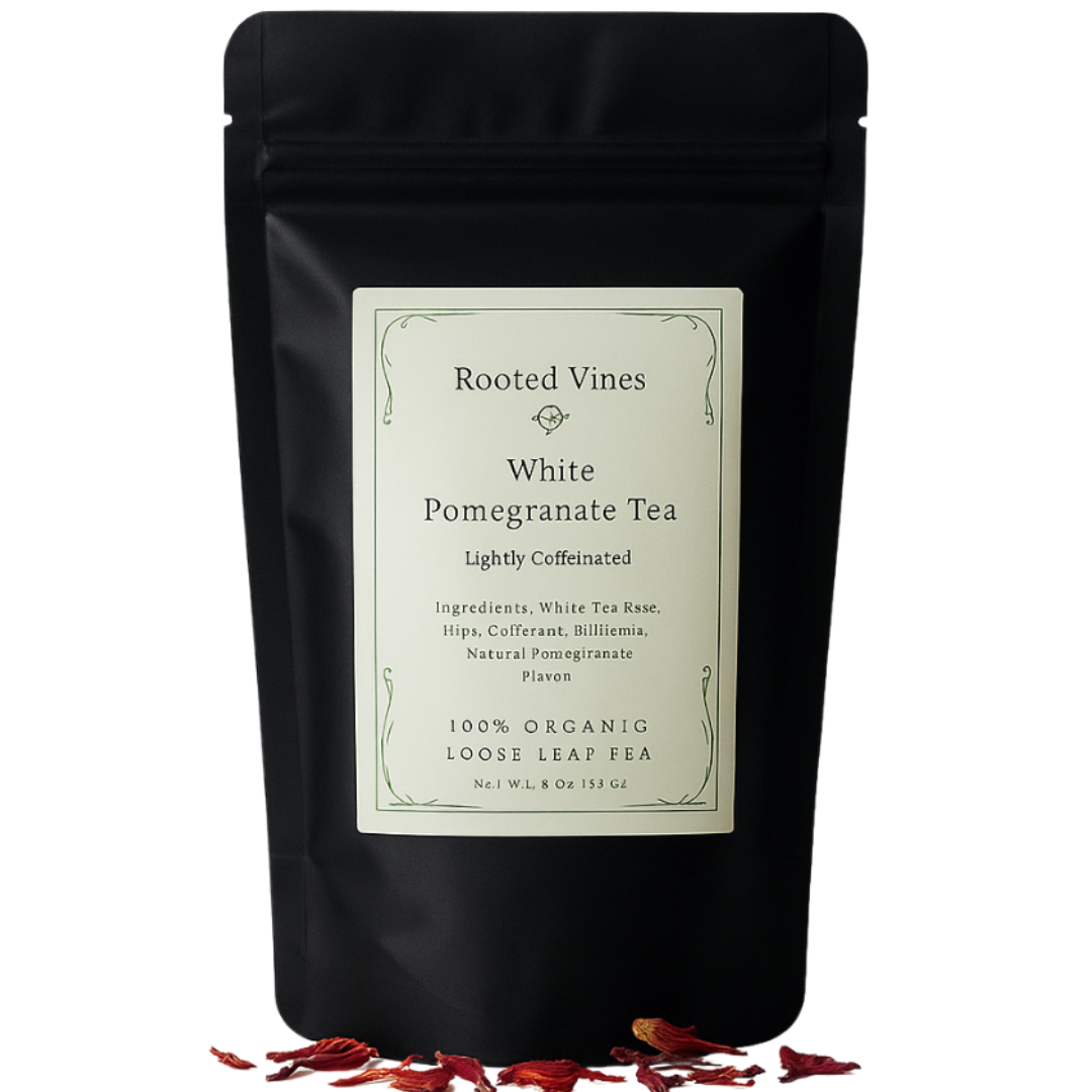 Black tea bag packaging with 'Rooted Vines' label on a white background